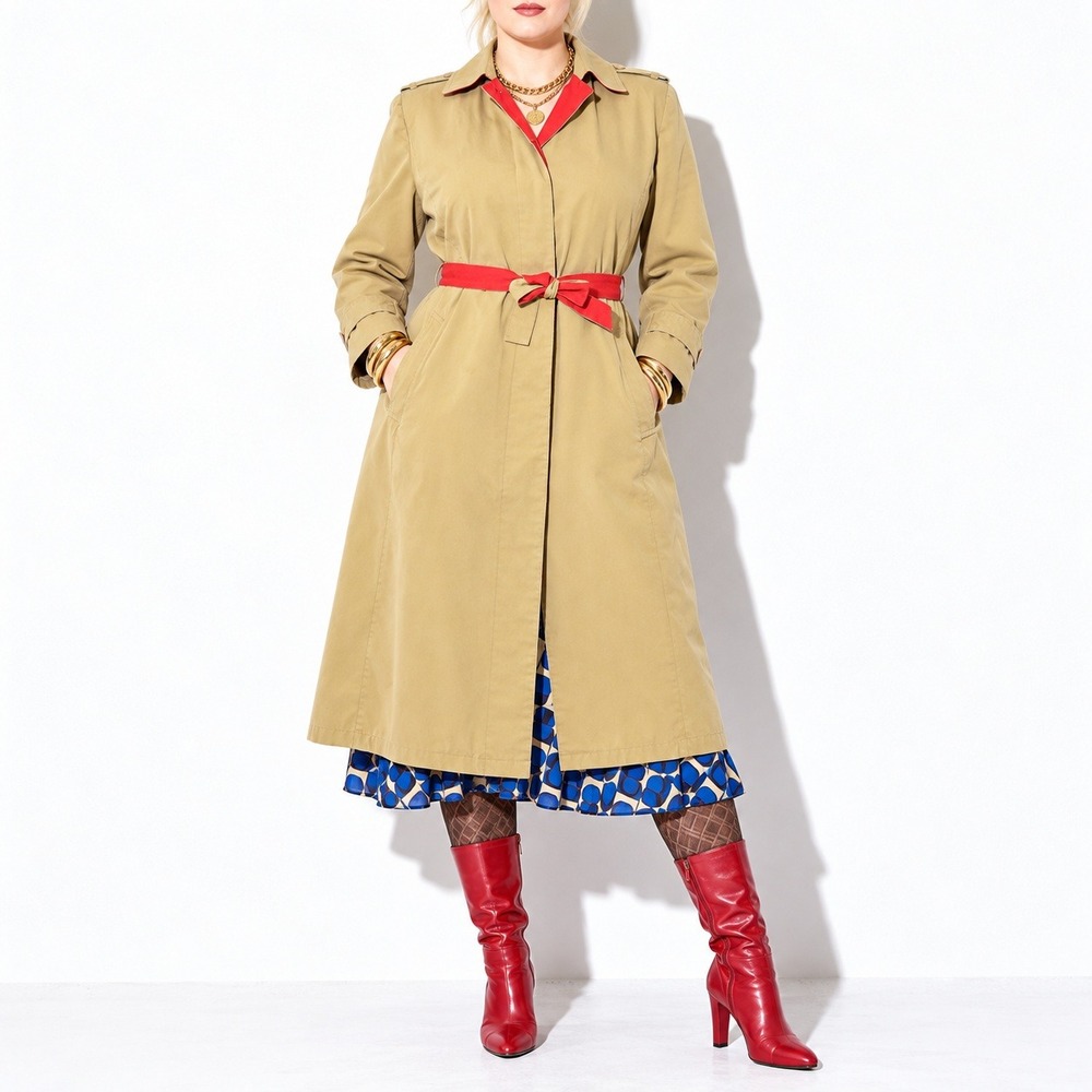 70s Vintage Tan Red Trench Coat Womens L Belted Zip Out Wool Blend Winter Liner